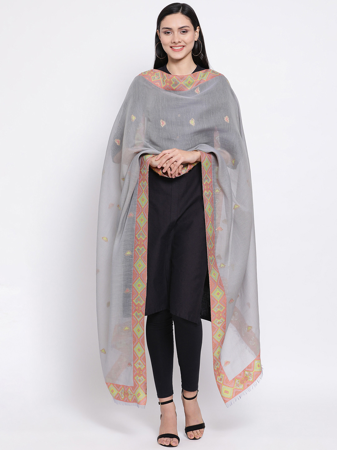 SHINGORA Grey Woven Design Antimicrobial Dupatta