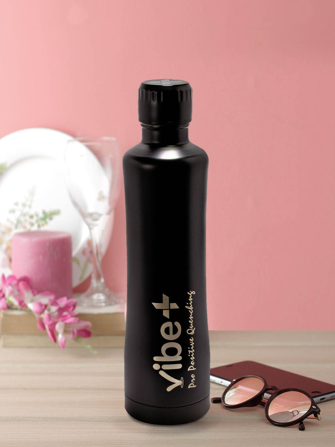 Vibe Plus Black Solid Stainless Steel Double Wall Vacuum Water Bottle - 320ml