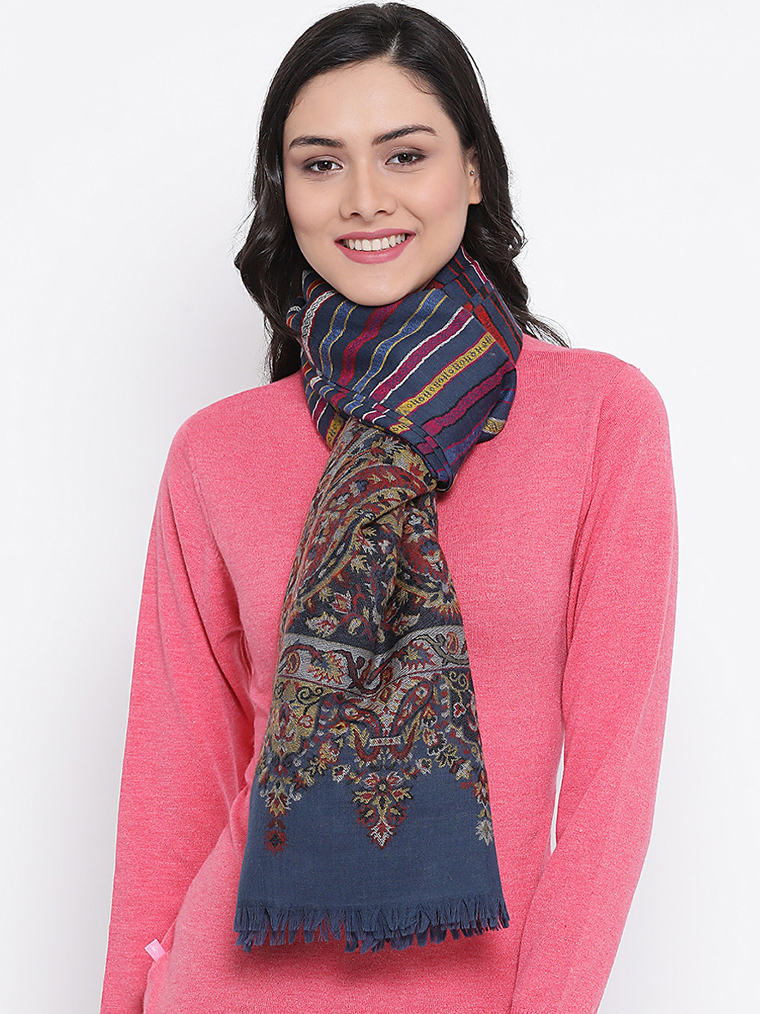 SHINGORA Women Blue & Red Woven Design Pure Woolen Jacquard Weave Shawl