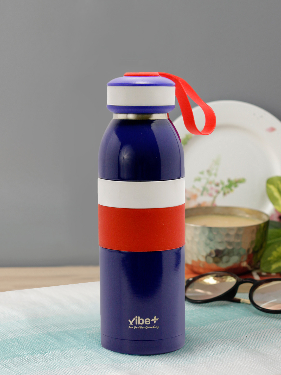 Vibe Plus Blue Colourblocked Stainless Steel Double Wall Vacuum Water Bottle - 450ml