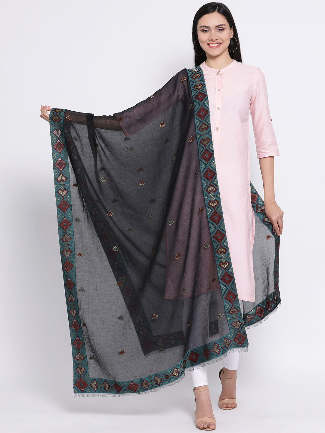 SHINGORA Black Woven Design Antimicrobial Dupatta