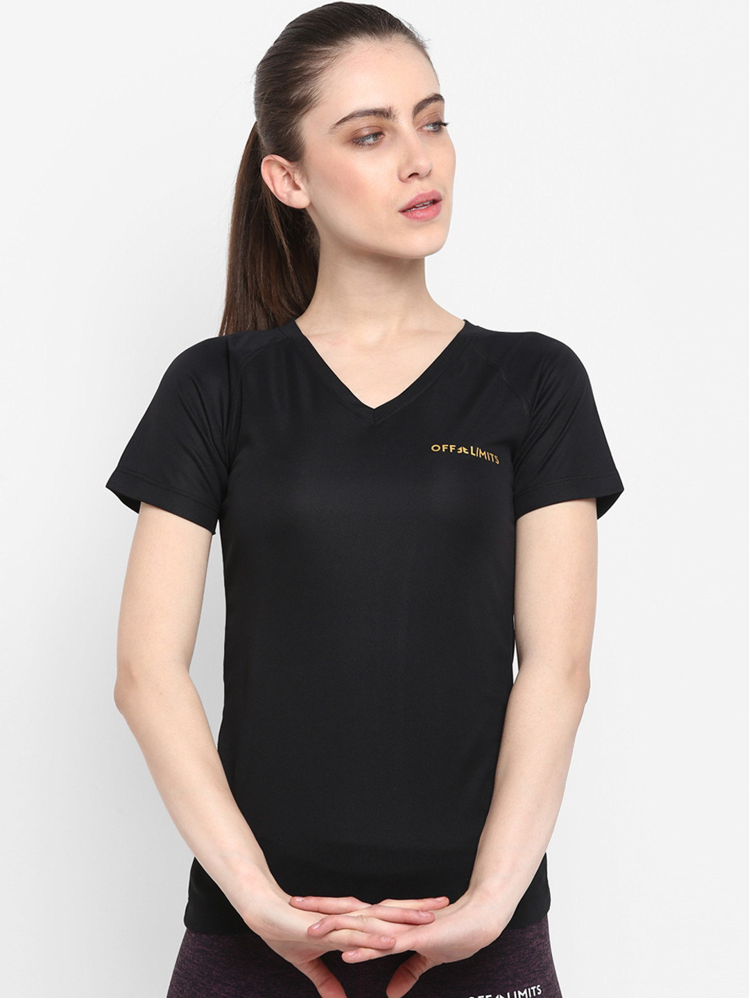 OFF LIMITS Women Black Solid V-Neck T-shirt