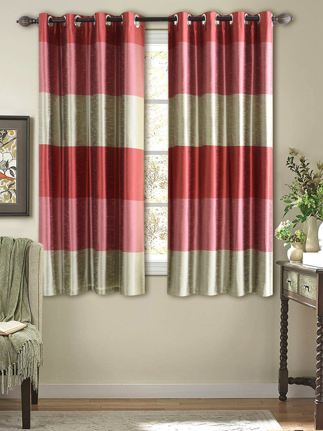 Deco Window Red & Grey Set of 2 Black Out Curtains