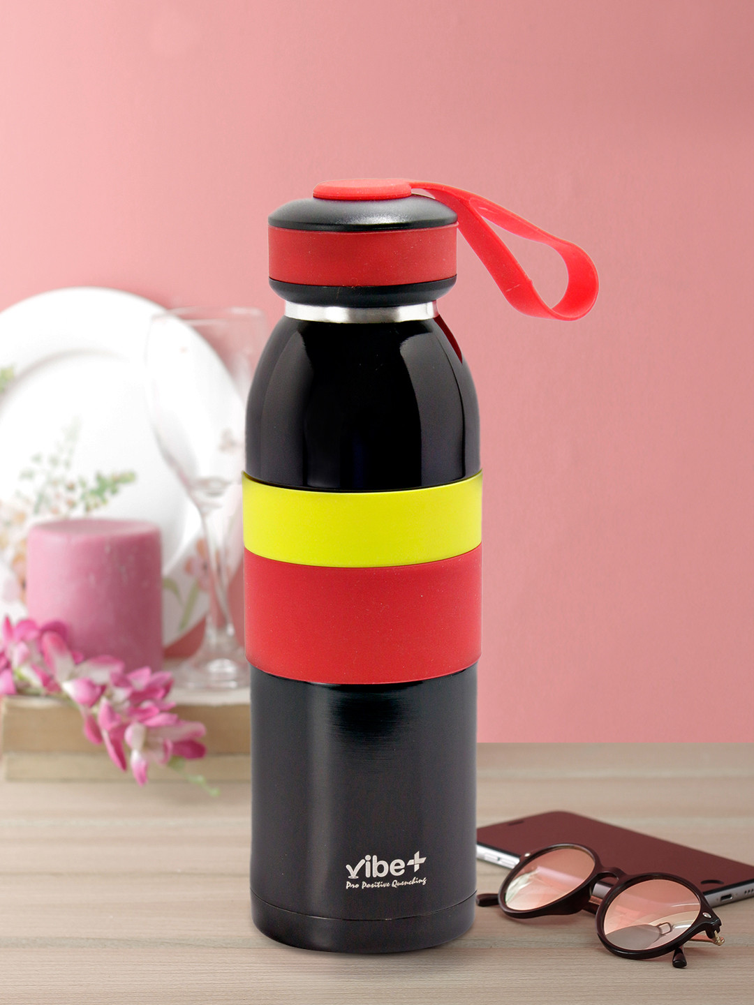 Vibe Plus Black Colourblocked Stainless Steel Double Wall Vacuum Water Bottle - 450ml