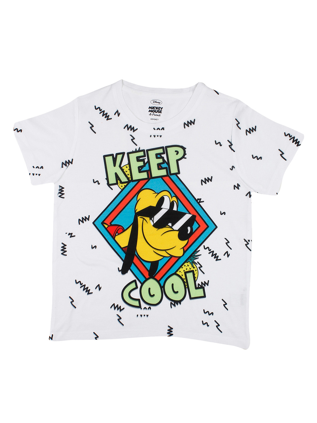 YK Disney Boys White Mickey and Friends Pluto Print Round Neck T-shirt