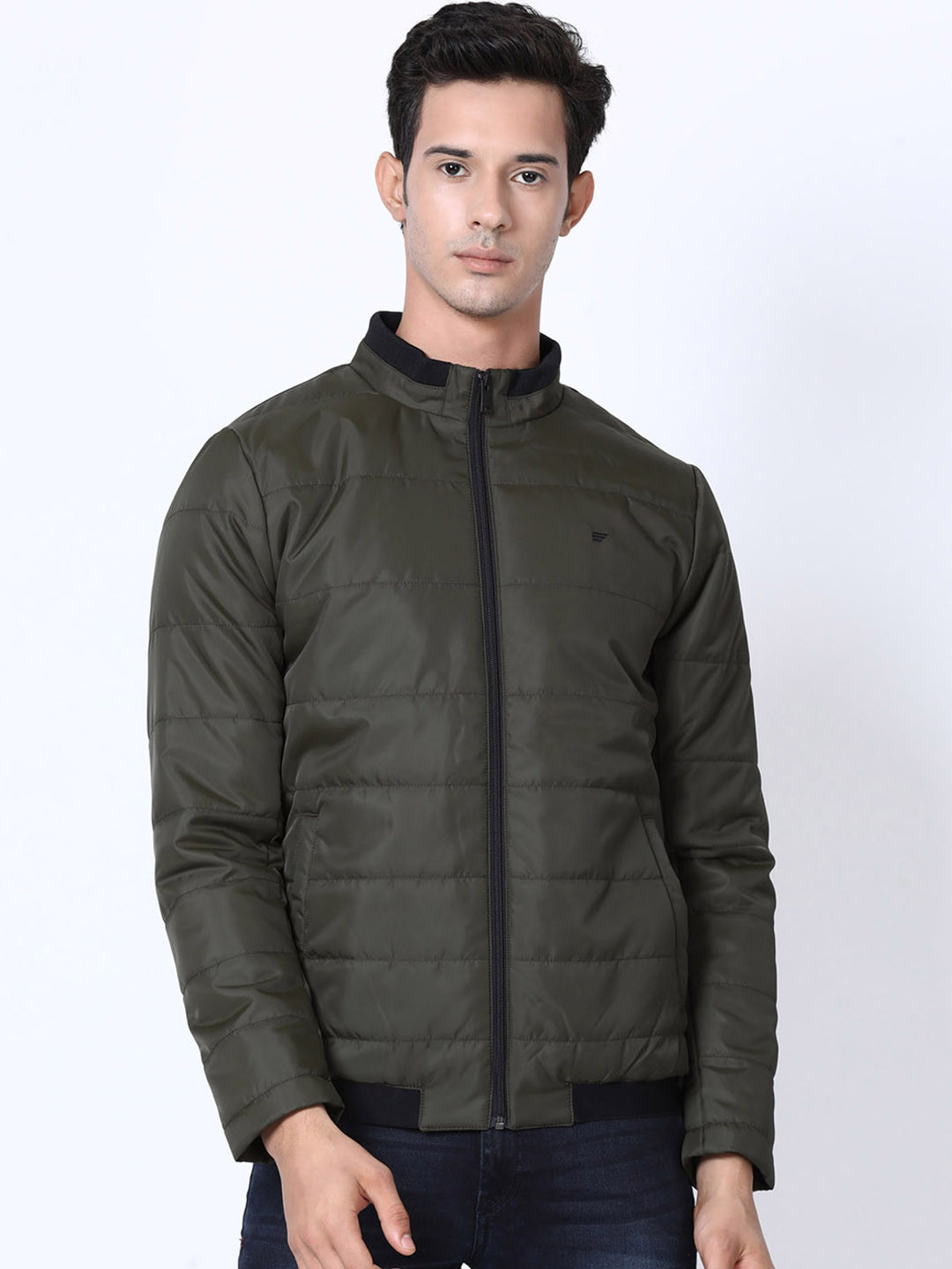 t-base Men Olive Green Solid Lightweight Padded Jacket