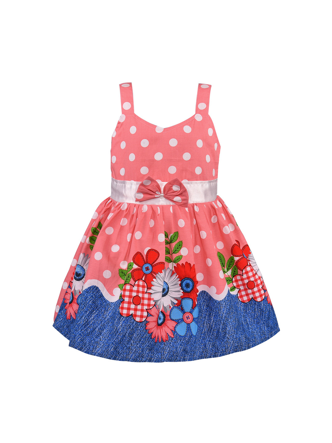 Wish Karo Girls Peach-Coloured & Blue Printed Fit and Flare Dress