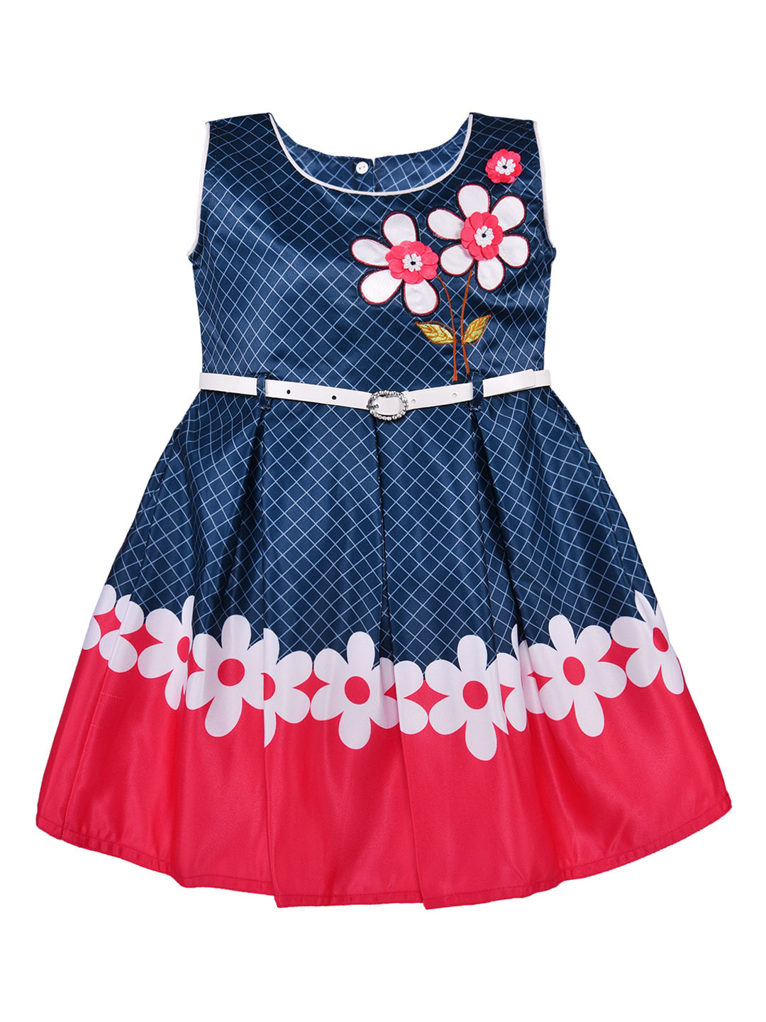 Wish Karo Girls Navy Blue & Red Checked Silk Satin Fit and Flare Dress