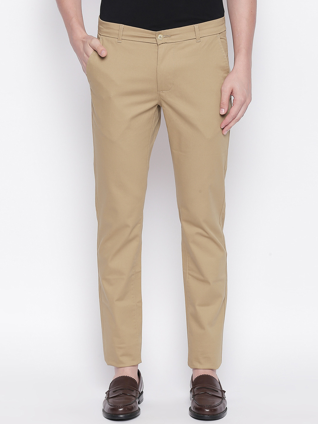 Basics Men Khaki Tapered Fit Self Design Regular Trousers