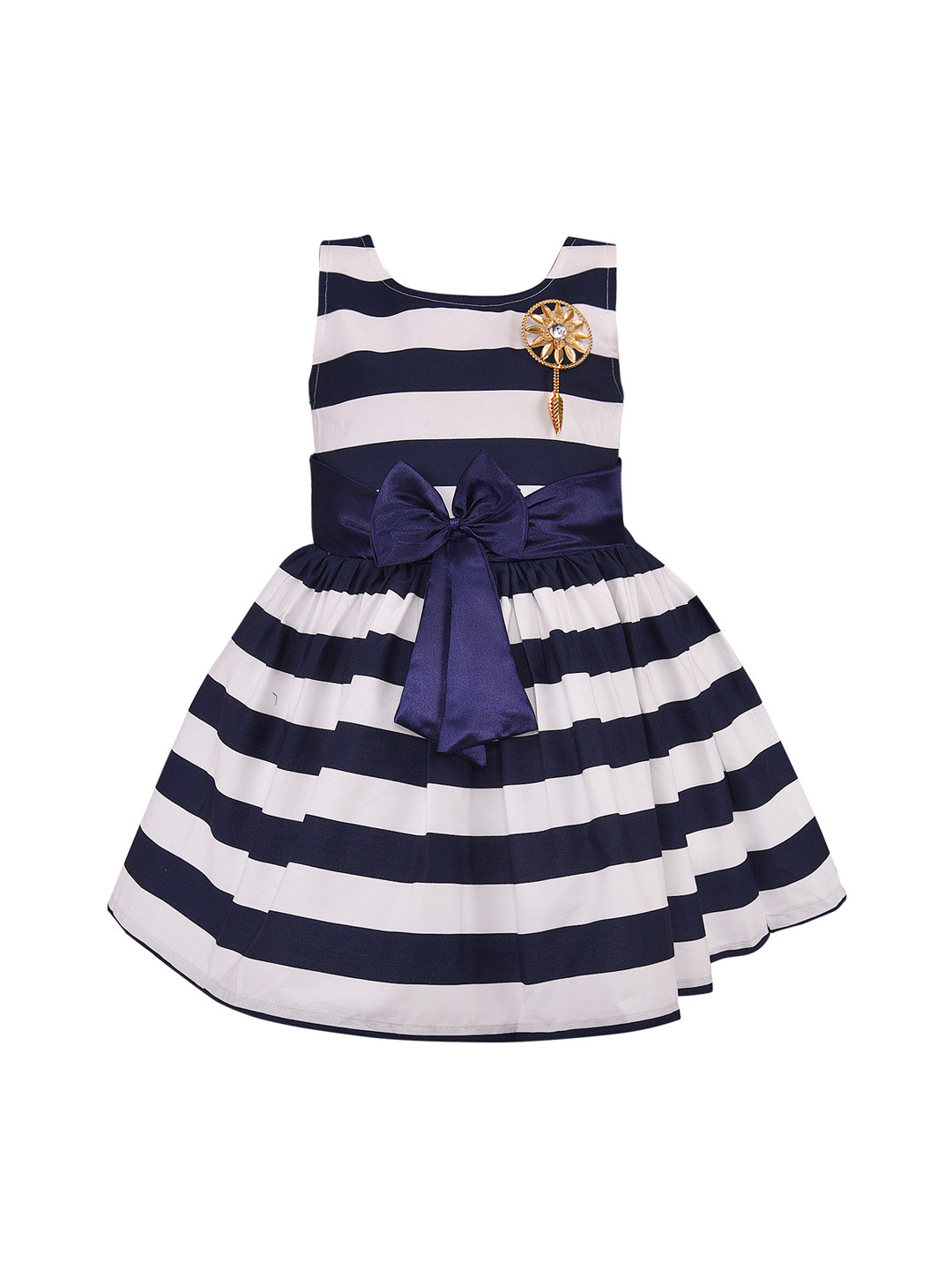 Wish Karo Girls Navy Blue & White Striped Fit and Flare Dress
