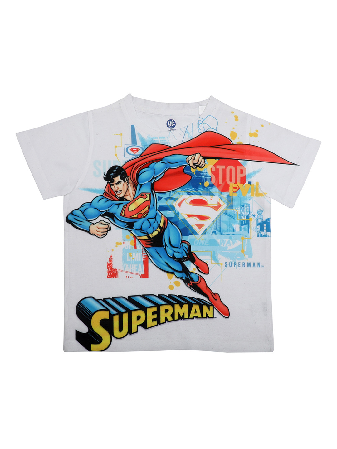 YK Justice League Boys White Superman Printed Round Neck T-shirt
