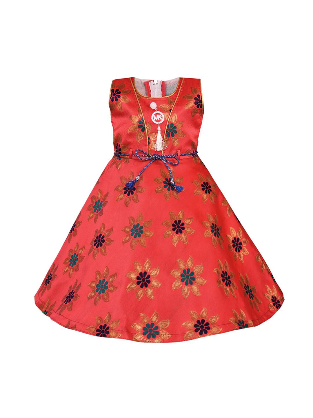 Wish Karo Girls Red & Dark Green Printed Fit and Flare Dress