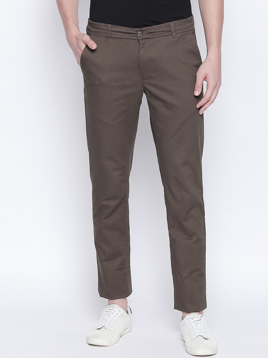Basics Men Coffee Brown Tapered Fit Solid Regular Trousers