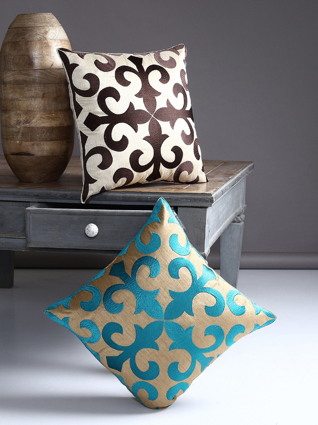 ROMEE Turquoise Blue Polyester Washable 2 Piece Embroidered Square Cushion Covers -16x16In