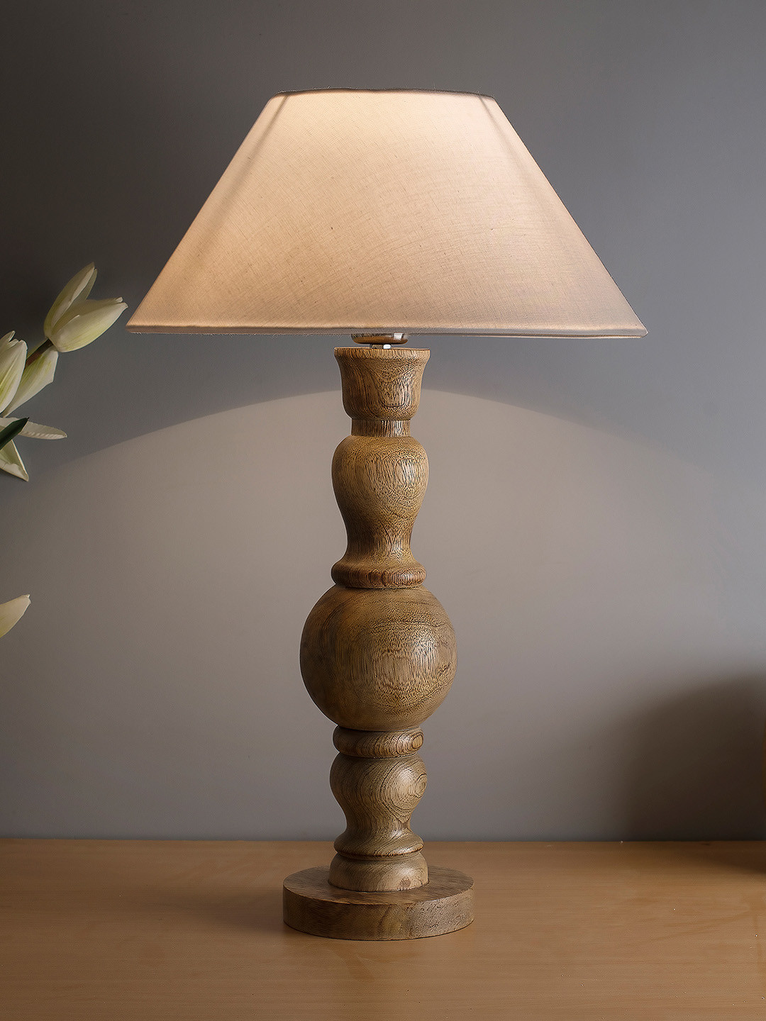 Homesake Beige Solid Handcrafted Wood Bubble Bedside Lamp