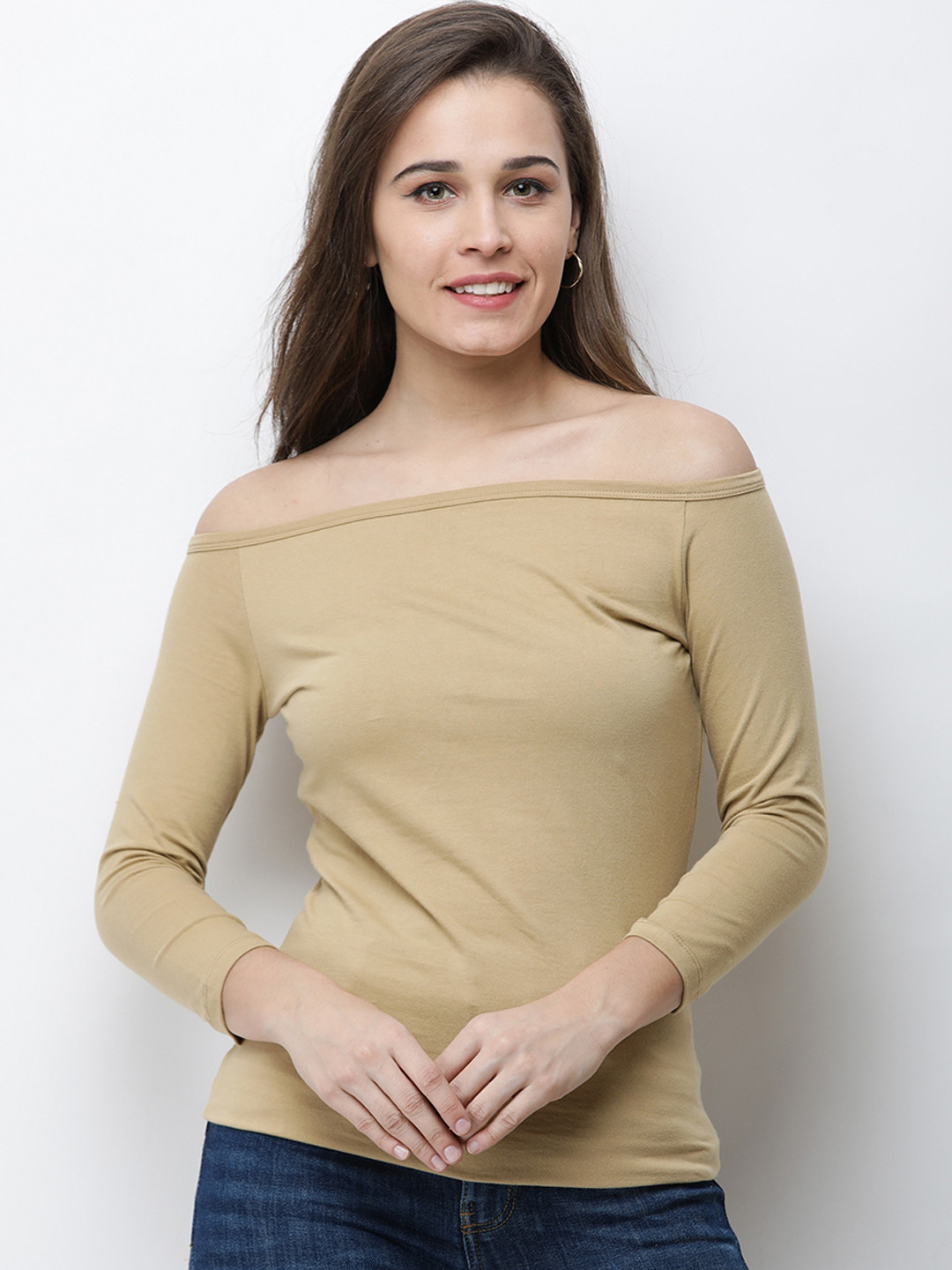 Cation Women Gold-Toned Solid Bardot Crop Pure Cotton Top