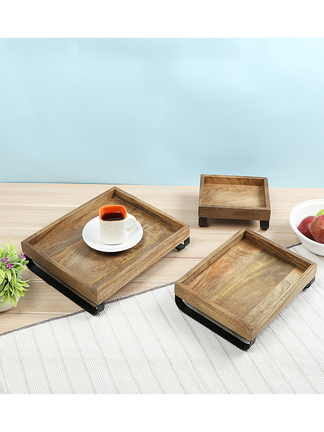 Crayton Set Of 3 Brown Mango Wood Serving Trays with Bottom Metal Handle