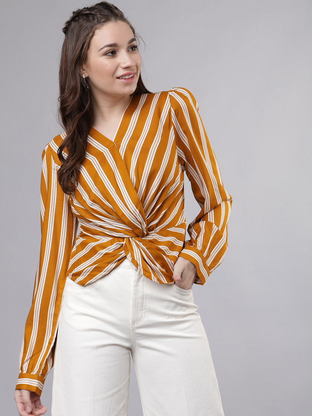 Tokyo Talkies Women Mustard Yellow Striped Top