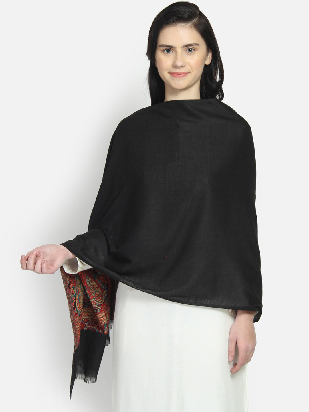 Anekaant Women Black & Maroon Woven Design Shawl