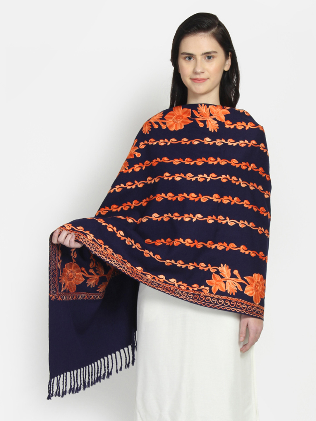 Anekaant Women Navy Blue & Orange Aari Embroidered Woolen Shawl