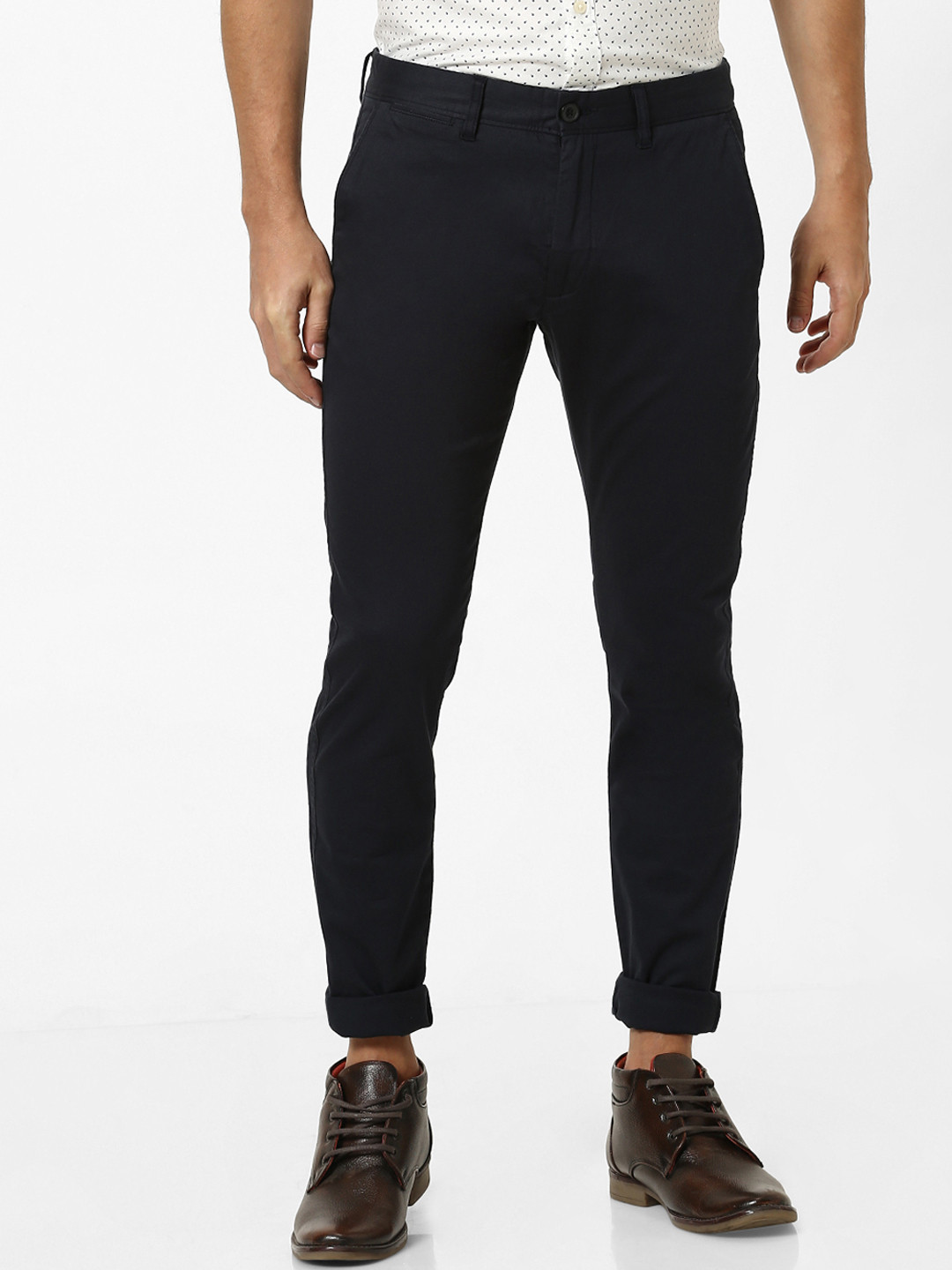 Celio Men Navy Blue Slim Fit Solid Regular Linen Cotton RegularTrousers