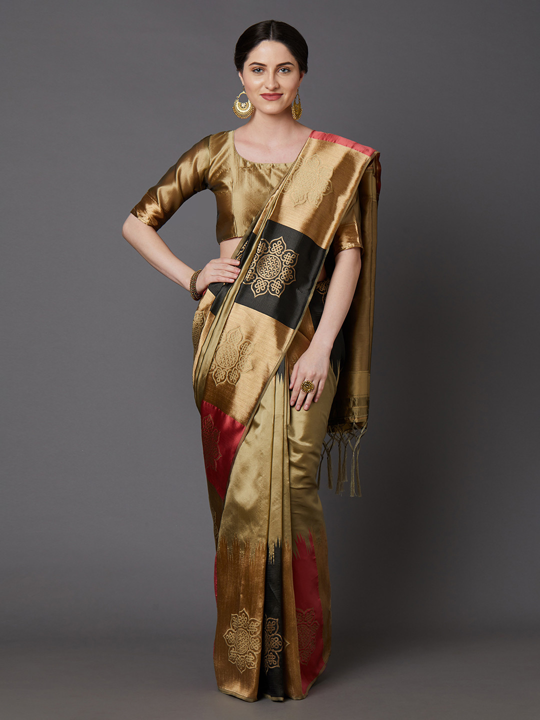 Mitera Gold-Coloured & Red Silk Blend Woven Design Banarasi Saree