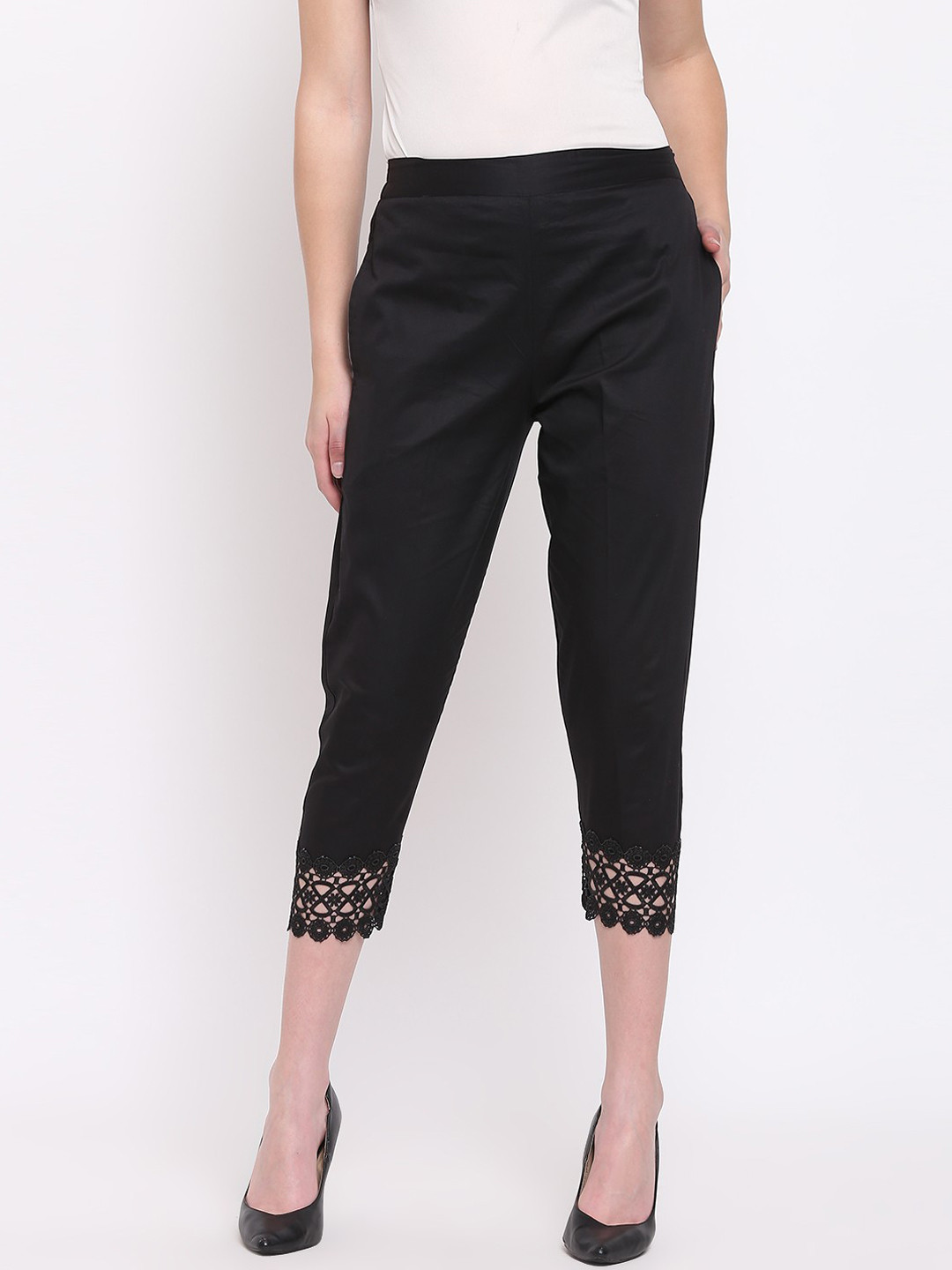 RIVI Women Black Slim Fit Self Design Cigarette Trousers