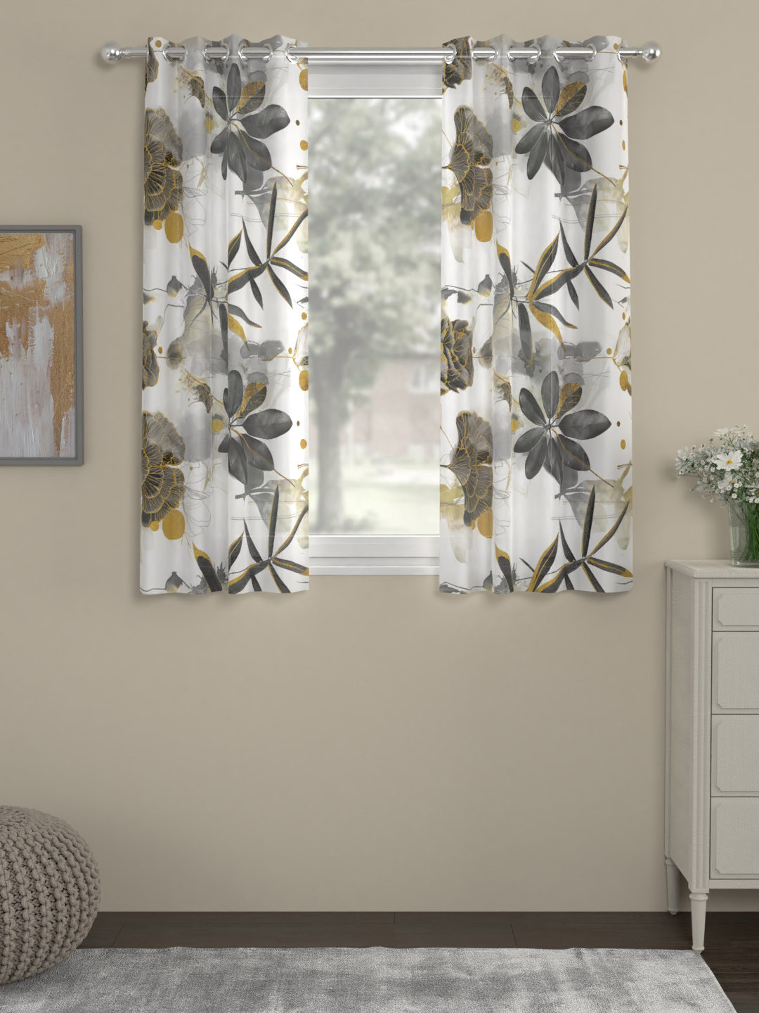 ROSARA HOME  Set of 2 Charcoal Grey & White Printed Window Curtains