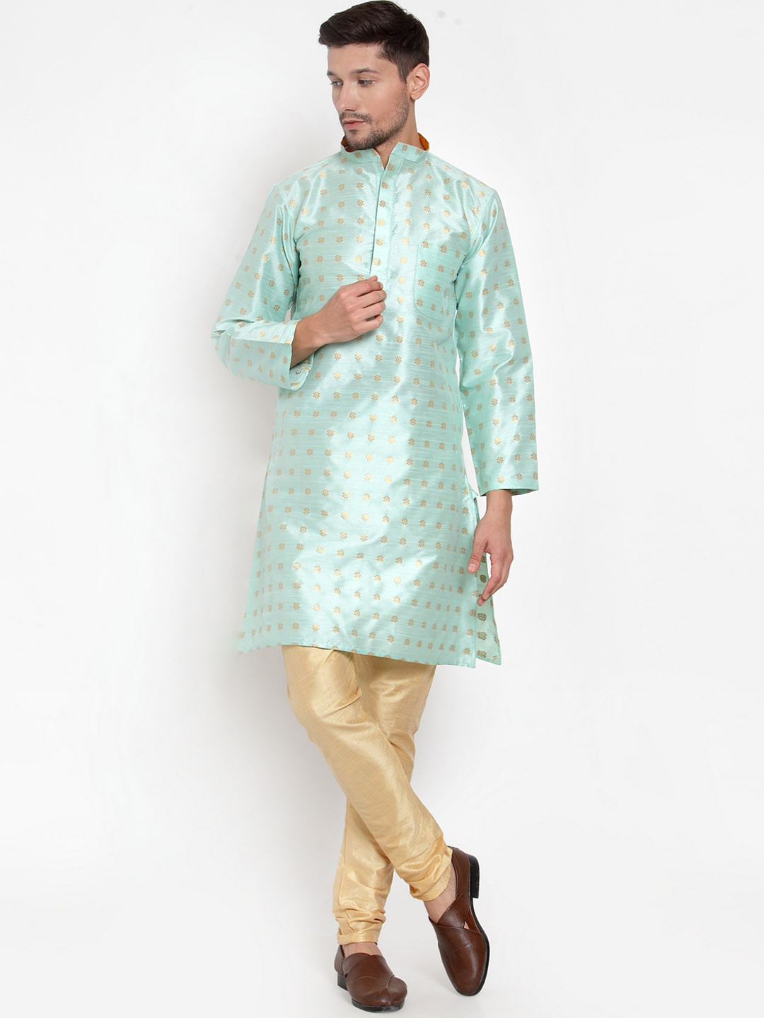 KLOTTHE Men Green & Golden Woven Design Straight Kurta