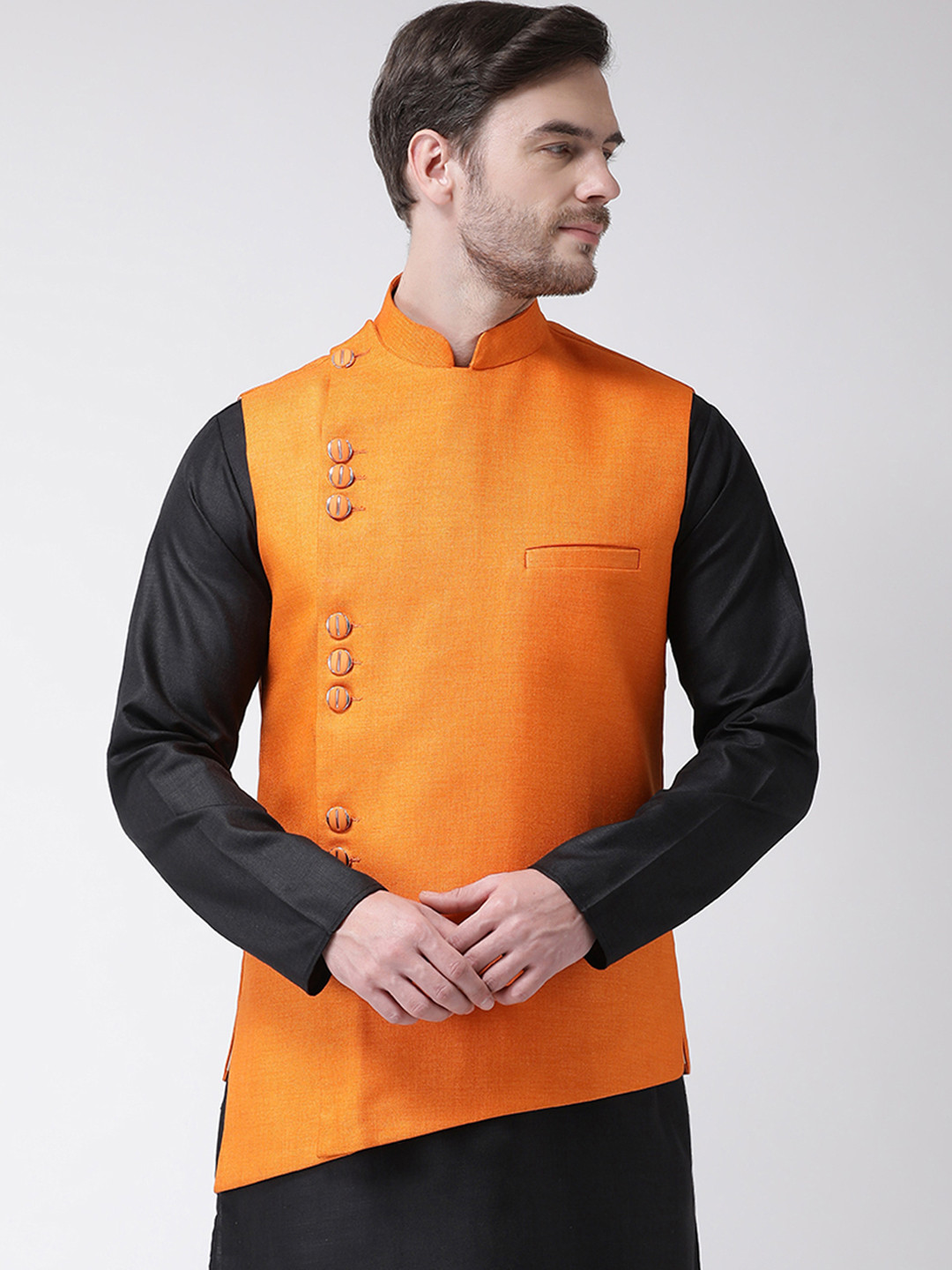 SG LEMAN Men Orange Solid Nehru Jacket