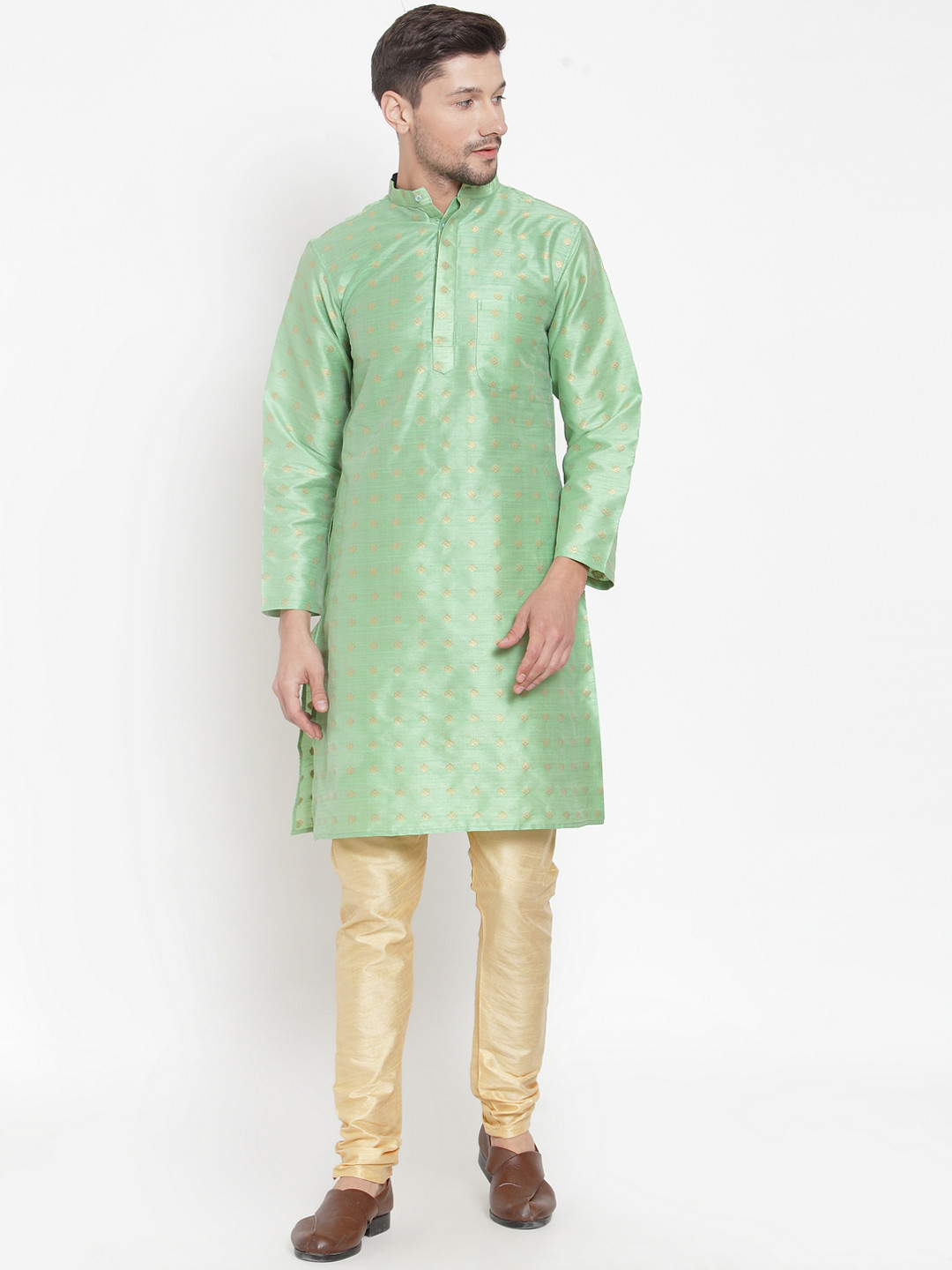 KLOTTHE Men Green Woven Design Straight Kurta