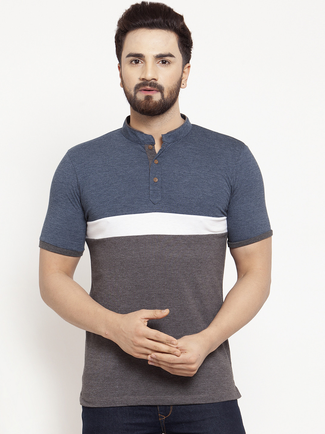 Kalt Men Charcoal Grey & Blue Colourblocked Mandarin Collar T-shirt
