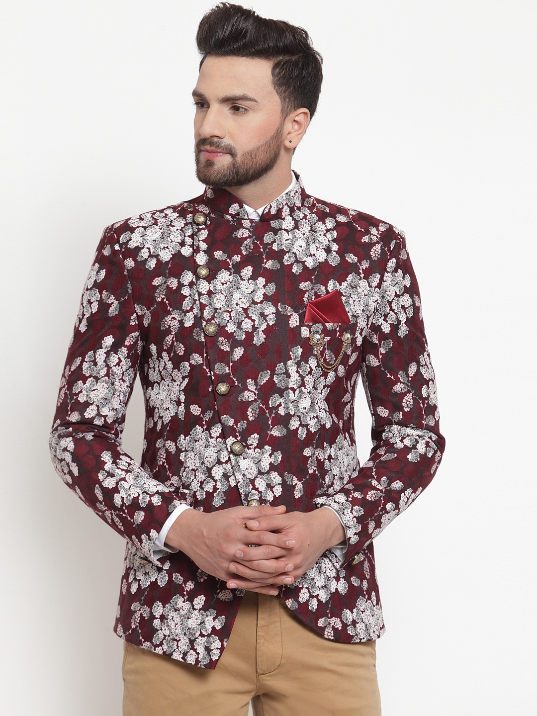 LUXURAZI Men Maroon & White Printed Bandhgala Party Blazer