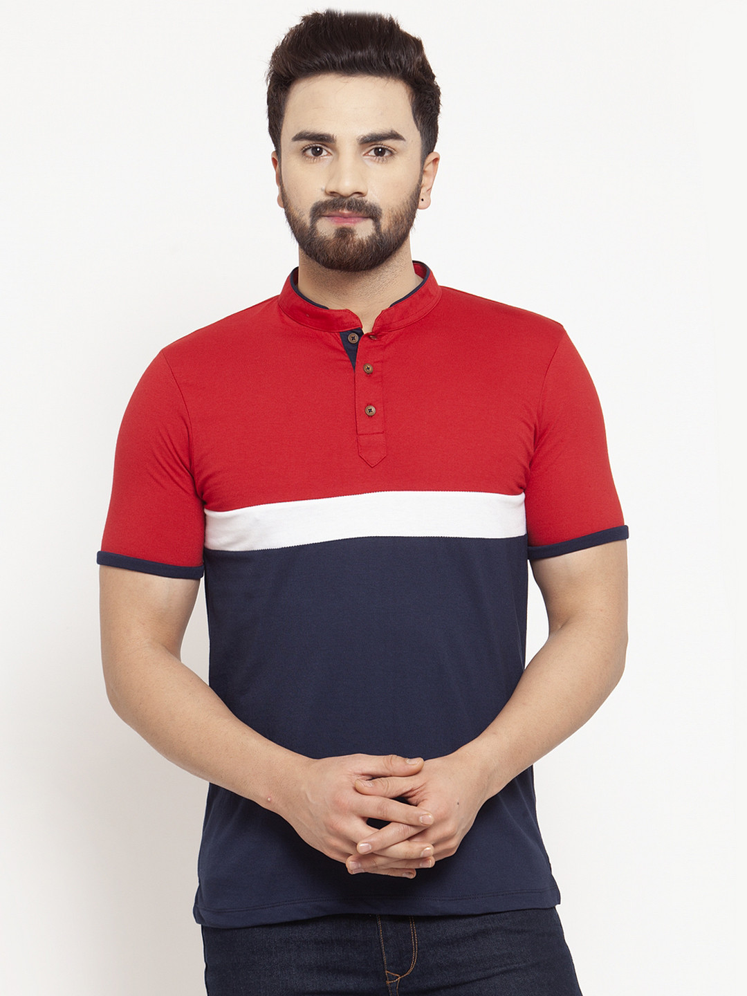 Kalt Men Navy Blue & Red Colourblocked Mandarin Collar T-shirt