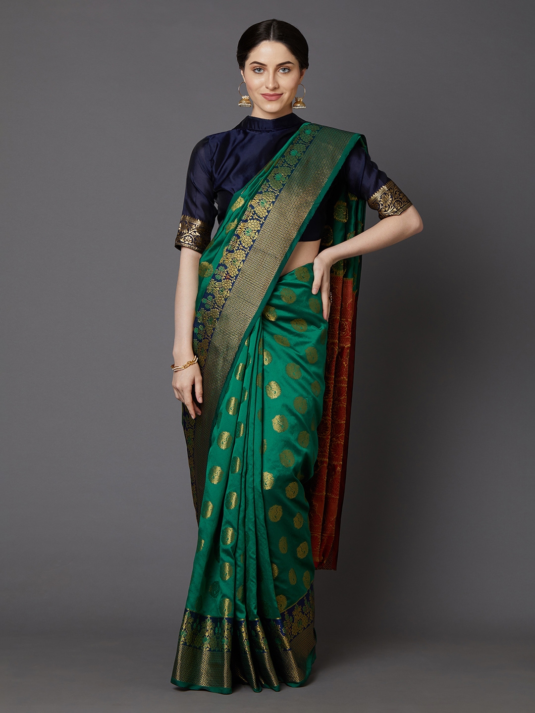 Buy Mitera Green Gold Toned Silk Blend Woven Design Banarasi