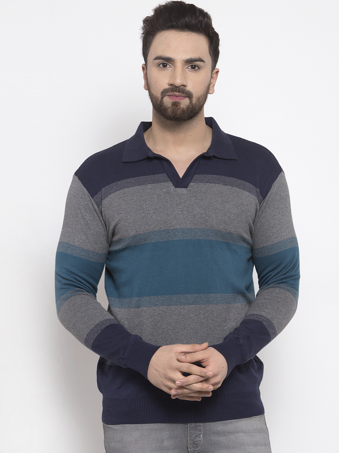 Kalt Men Grey Striped Pullover Sweater