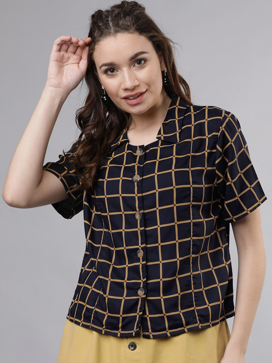 Tokyo Talkies Women Navy Blue & Brown Regular Fit Checked Casual Shirt