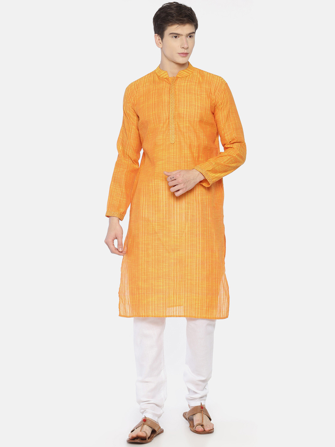 PAROKSH Men Orange & Yellow Striped Straight Kurta