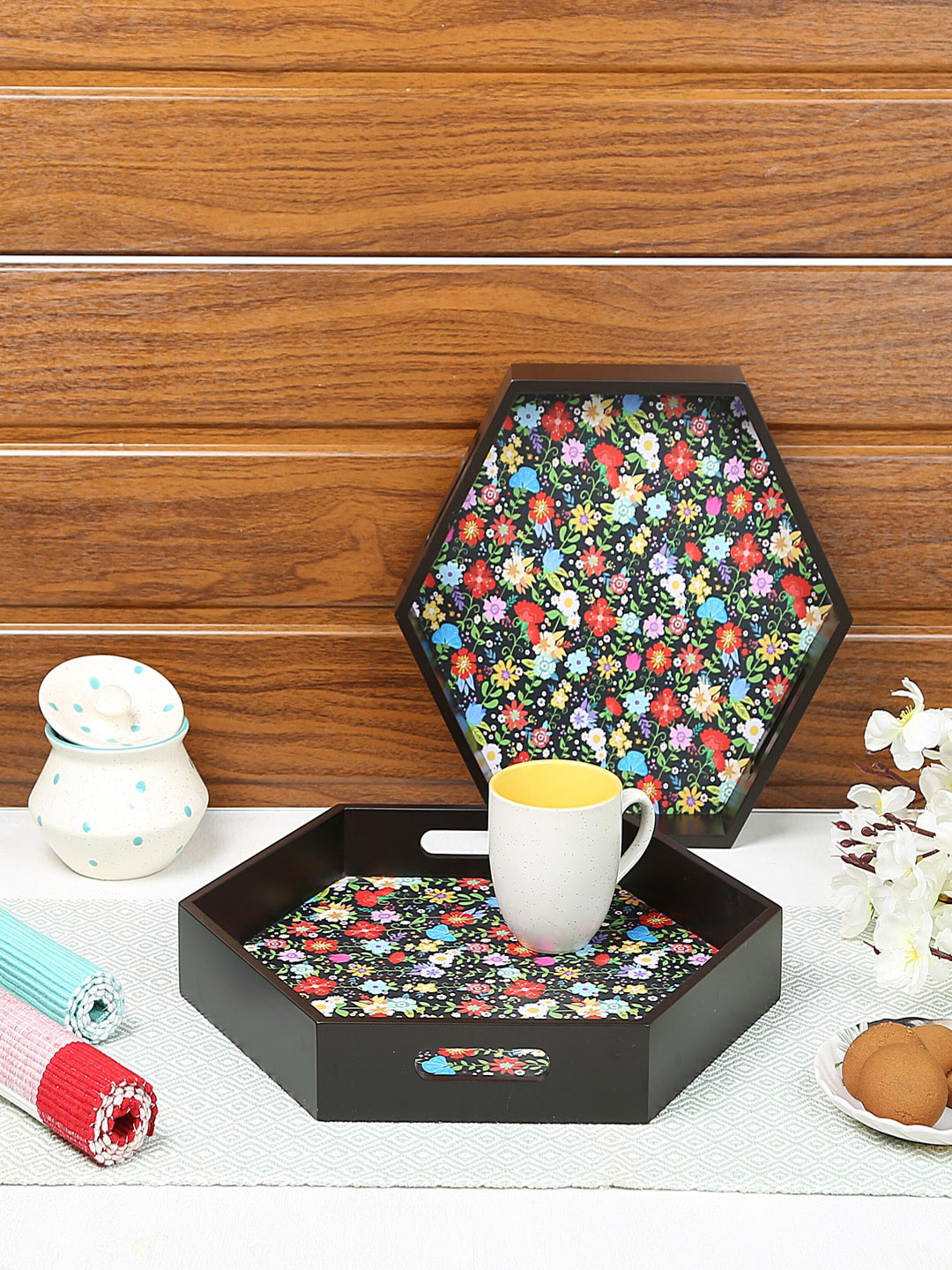 Crayton Set of 2 Multicolored MDF Hexagon Serving Tray