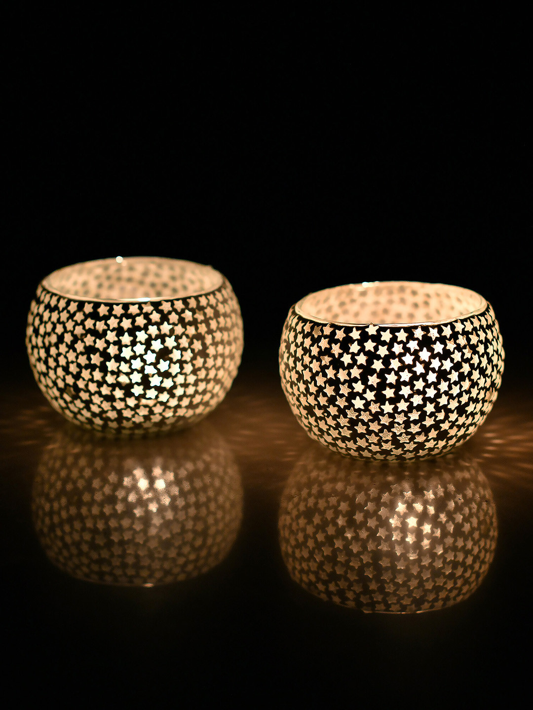 Homesake Set of 2 Moroccan White Glass Star Mosaic Tea Light Candle Holder