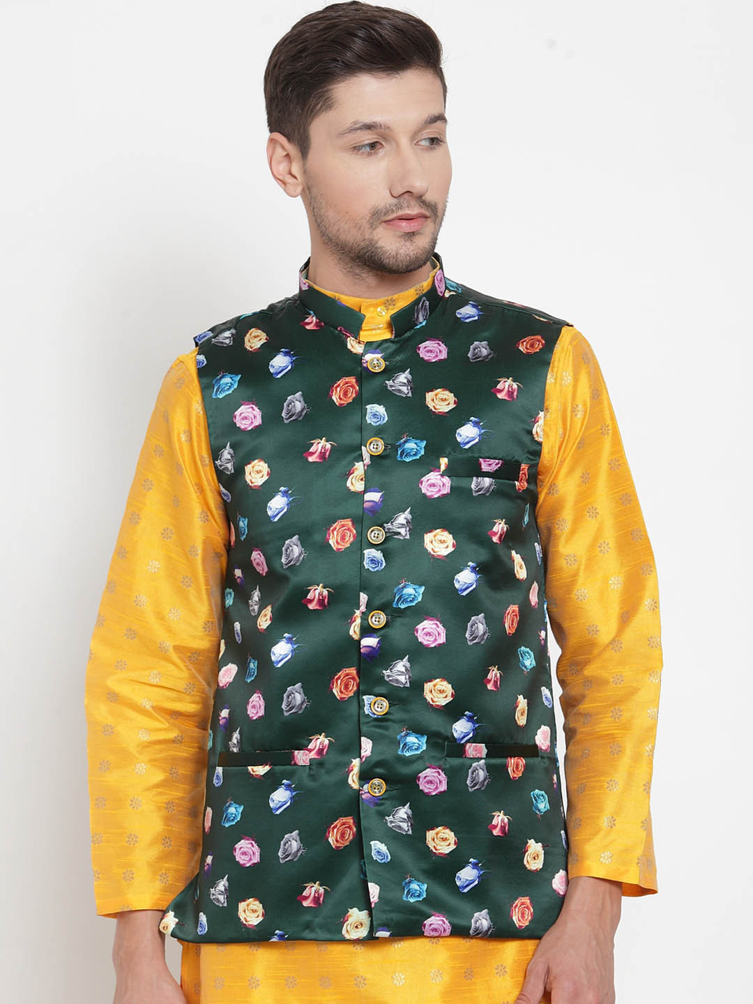 KLOTTHE Men Green & Pink Printed Nehru Jacket