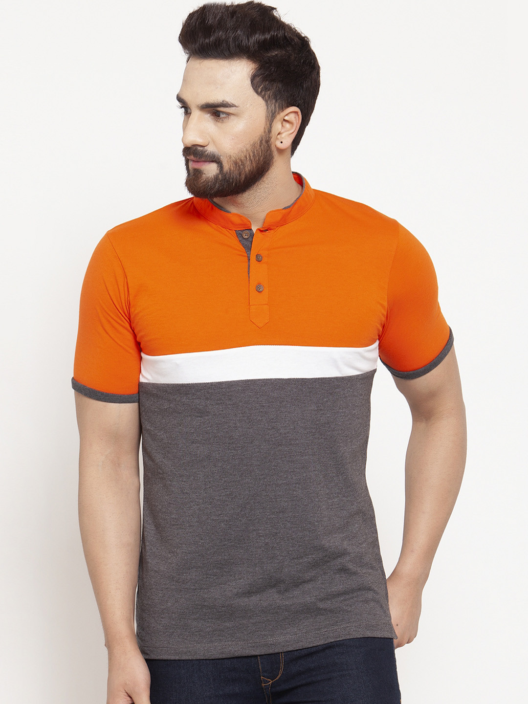 Kalt Men Orange & Grey Colourblocked Mandarin Collar T-shirt