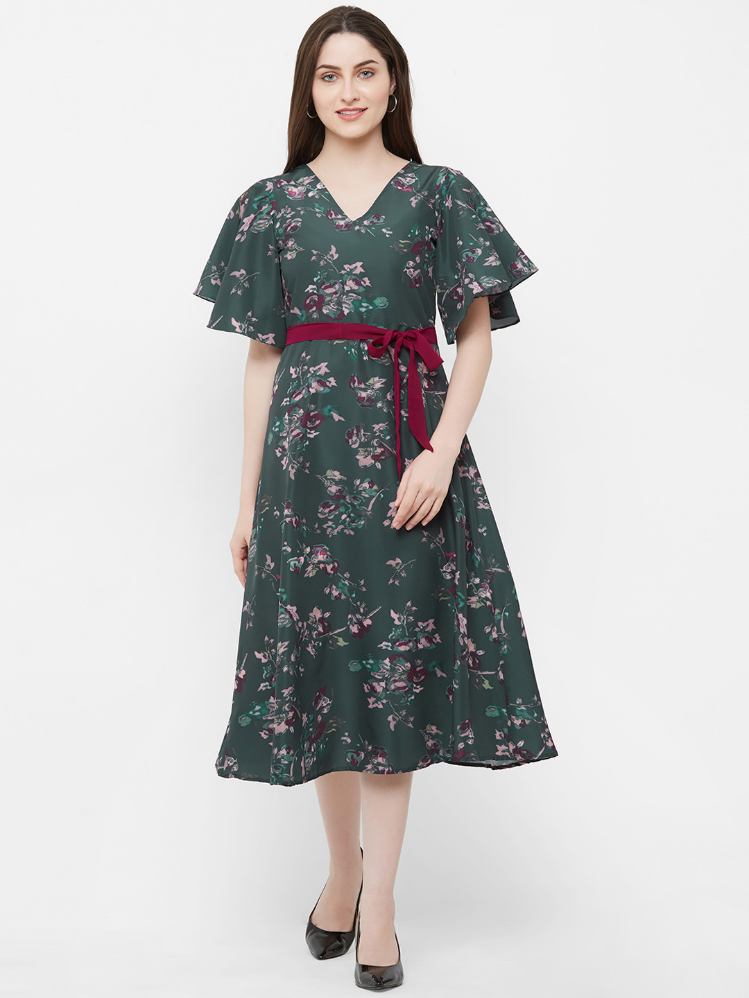MISH Women Green Floral Printed A-Line Dress