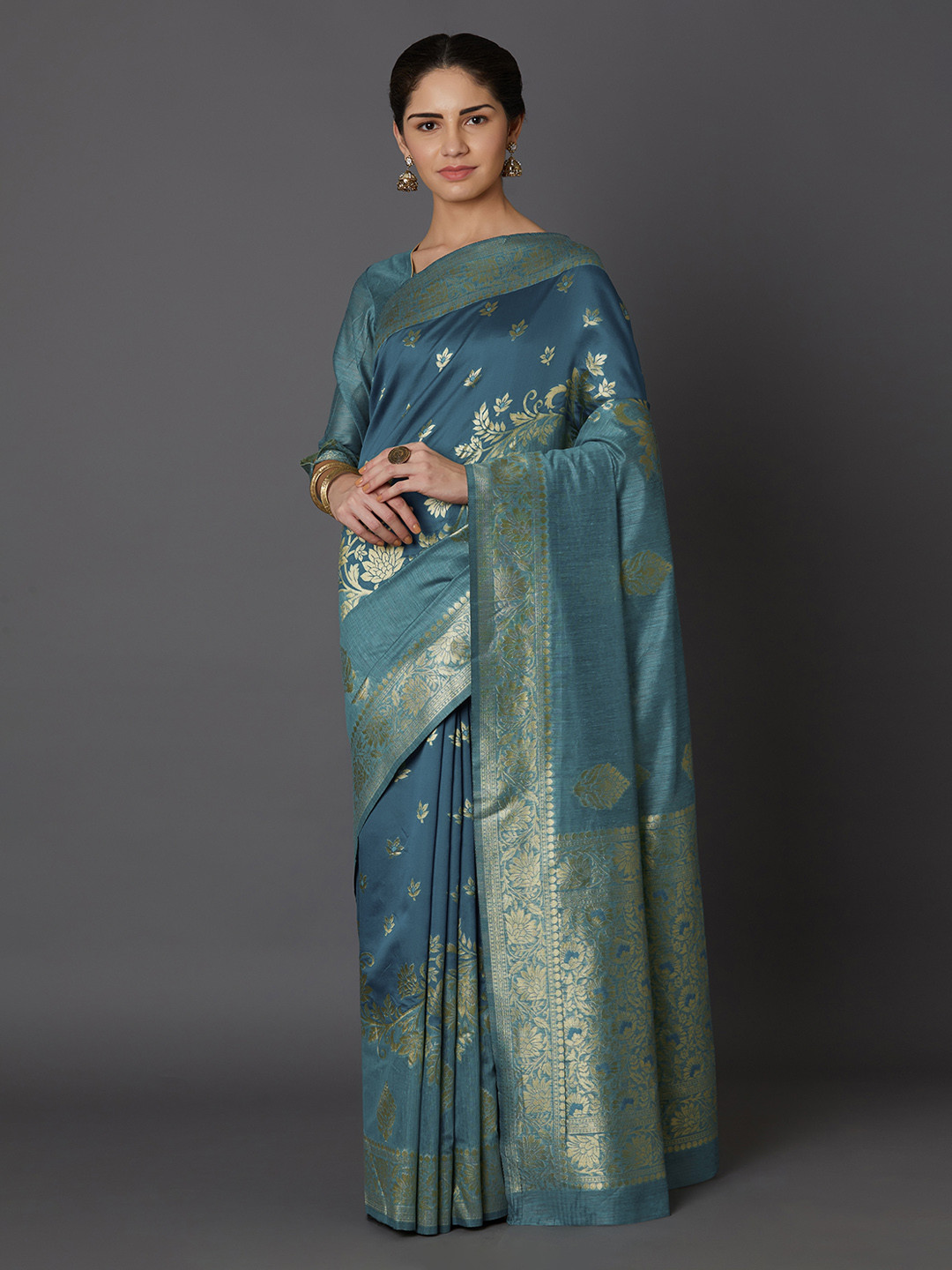 Mitera Teal Blue & Gold-Coloured Silk Blend Woven Design Kanjeevaram Saree