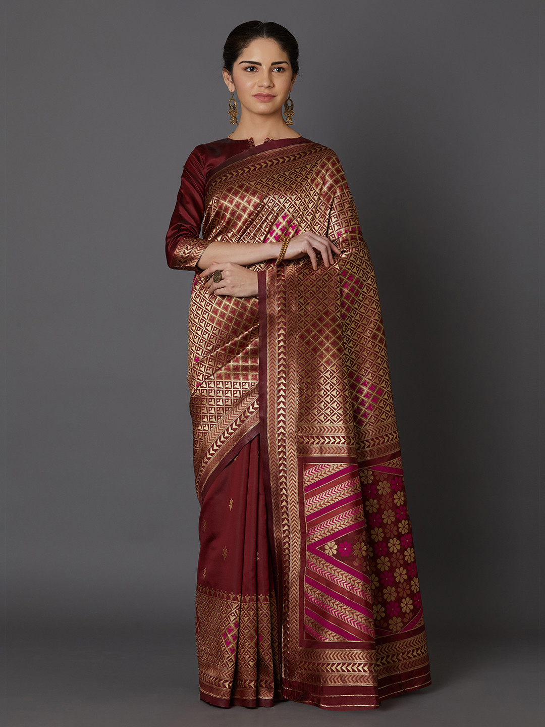 Mitera Burgundy Silk Blend Woven Design Kanjeevaram Saree