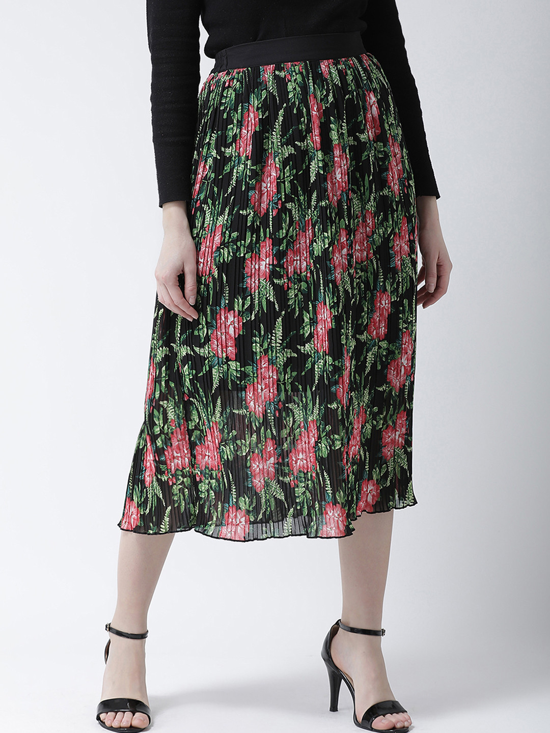 KASSUALLY Women Black & Red Floral Printed Pleated A-Line Midi Skirt