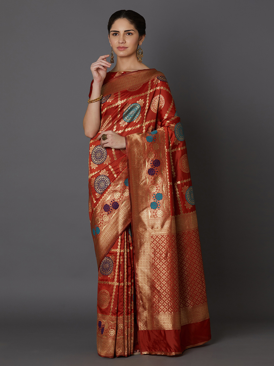 Mitera Rust Brown Silk Blend Woven Design Kanjeevaram Saree