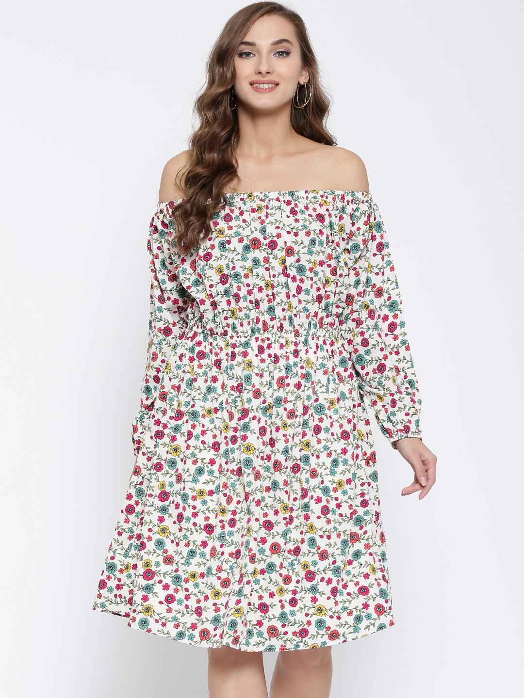 Sera Women Off-White & Pink Floral Printed Blouson Dress