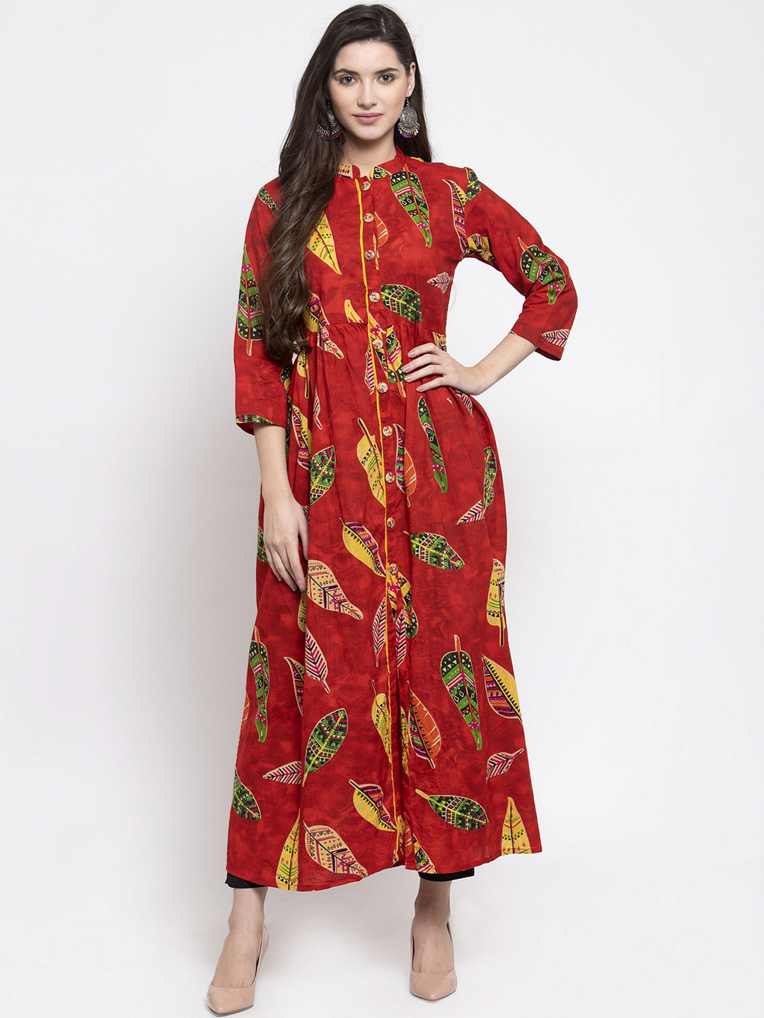 Indibelle Women Red & Yellow Block Printed A-Line Kurta