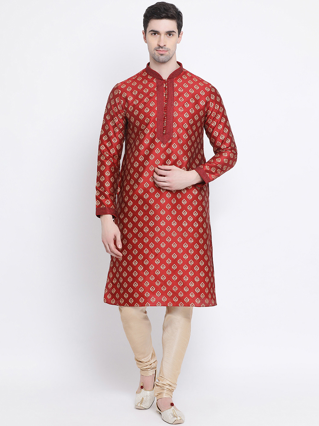 Sanwara  Men Maroon & Gold-Coloured Self Design Kurta with Churidar